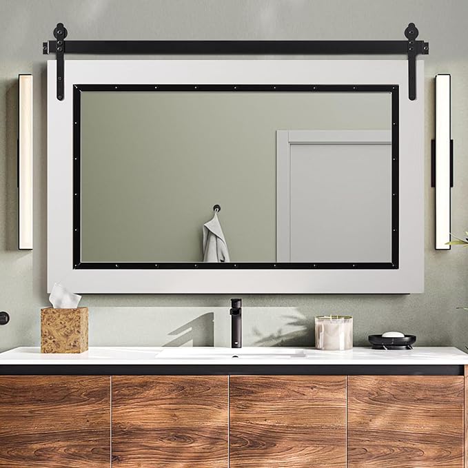 YOSHOOT Farmhouse Barn Door Mirror, 40"x26" Rustic Bathroom Mirror, Wood Frame Wall Mirror, Wooden Mirror for Living Room Bedroom Entryway Wall Décor, Horizontal Hanging ONLY