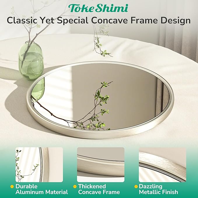 TokeShimi 18 in Round Brushed Nickel Mirror Bathroom, Shatterproof Bathroom Vanity Mirror Circle, 18x18 Silver Round Mirrored Farmhouse Aluminum for Entryway, Bedroom, Restroom, Vanity, Living Room