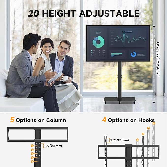 Tall Floor TV Stand for 32-75" TV Portable Rolling TV Cart with Wheels Height Adjustable with Wood Base, Holds up to 88 lbs, Max VESA 600x400mm TS005HB