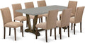 East West Furniture V797AB747-9 9 Piece Dining Table Set Includes a Rectangle Kitchen Table with V-Legs and 8 Light Sable Linen Fabric Upholstered Chairs, 40x72 Inch, Multi-Color