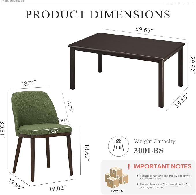 COLAMY 60 Inch Rectangular Kitchen Dining Table for 6, Modern Farmhouse Dining Table Set for 6, Wood Dining Table and Upholstered Dining Chairs for Kitchen, Dining Room, Restaurant, Brown/Green