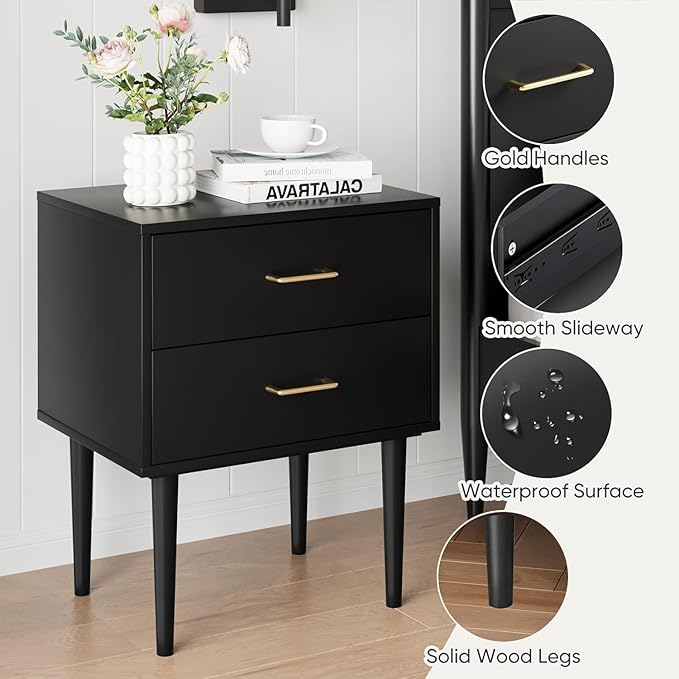 Smart FENDE 26 inch Tall Black Nightstand with 2 Drawers, ModernNight Stand Set of 2, Mid-Century Modern End Table, Wooden Bedside Table with Solid Wood Leg for Bedroom