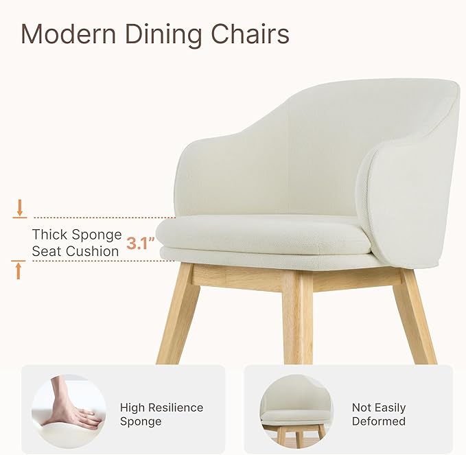 Wooden Dining Chairs Set of 2, Fabric Upholstered Modern Dining Room Chairs with Barrel Backrest & Double-Layer Thick Cushion for Living Room, Restaurant, Kitchen and Café, Beige