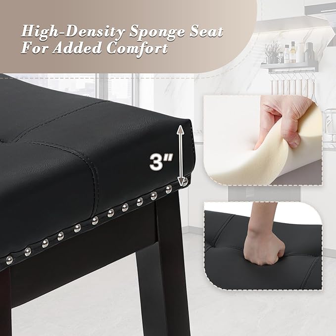 Athena Collection Bar Stools Set of 2, 25 Inches Counter Height Bar Stools Backless with Footrest, Leather Upholstered Saddle Barstools with Nailhead Trim for Home, Kitchen Island, Counter, Black
