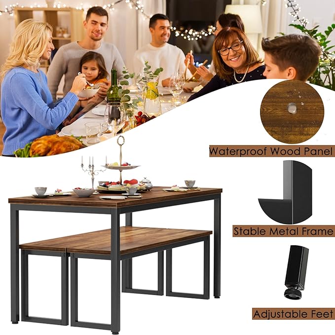 soges Kitchen Table Set with 2 Benches, Bench Dining Table Set for 4, 3 Piece Dining Room Table and Long Benches, Breakfast Table Coffee Table Set, Industrial Style Wooden Kitchen and Dining Room Set
