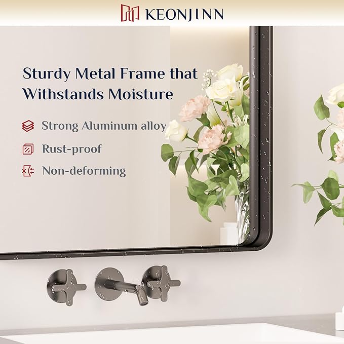Keonjinn Black Bathroom Mirror for Over Sink, 16 x 20 Inch Rounded Rectangle Bathroom Vanity Mirror, Matte Black Farmhouse Mirror for Wall, HD Tempered Glass, Seamless Aluminum Alloy Frame Mirror