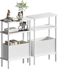 Narrow Side Table with Fabric Basket, Set of 2 End Table for Small Spaces, Slim Nightstand with 3-Tier Storage Shelf, Sofa Beside Table, for Living Room, Bed Room, Natrual White