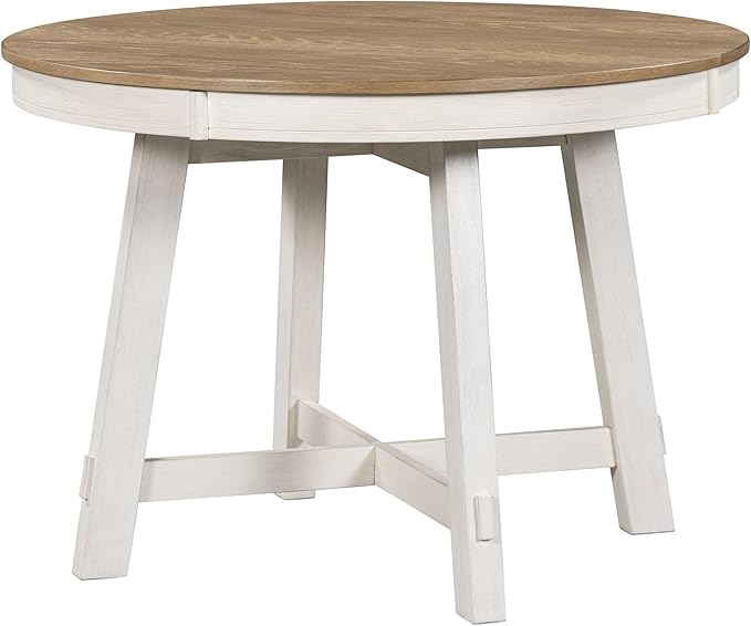 Need Extendable Farmhouse Round Dining Table with 16" Leaf - Solid Wood Kitchen Table, Adjustable Size for Small Spaces (Oak + White)