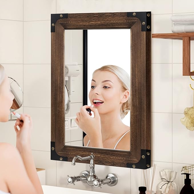 blue page Mirror for Wall, Rustic Wood Mirror with Wood Frame, Rectangular Decorative Wall Mounted Mirror for Farmhouse Bathroom Bedroom & Living Room (24 x 36 Inches, Iron)