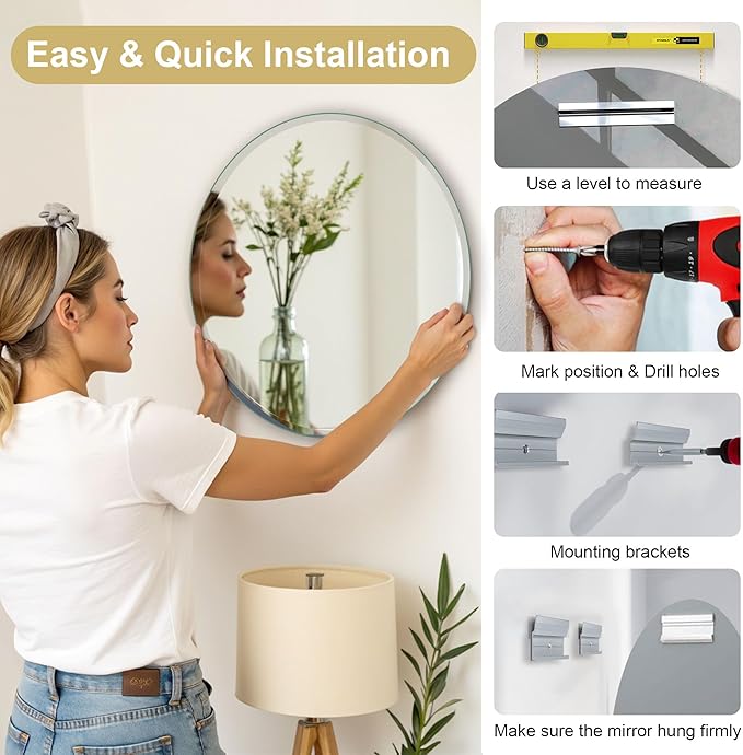 32" Frameless Beveled Round Mirror with 1" Edge for Bathroom, Entryways, Vanity, Wall Decor