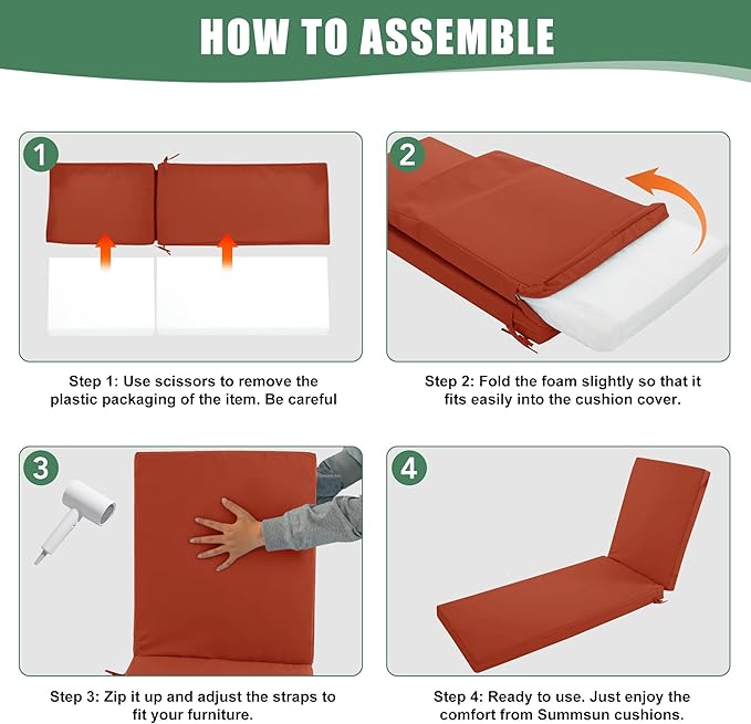 Chaise Lounge Cushions Outdoor - Waterproof and Fade Resistant Sun Lounger Replacement Cushions - Patio Lounger Pads with Removable Cover for Pool, Deck, Lawn, 80 x 26 x 3 Inch, Rust