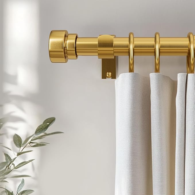Modern Gold Curtain Rods for Windows 66 to 120 Inches Adjustable Length Heavy Duty 1" Diameter Brass Window Curtain Rod with Solid Metal Finials for Outdoor Farmhouse Bedroom Kitchen Living Room