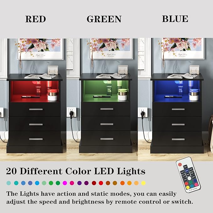 Black LED Nightstand with Charging Station, Side Table with 3 Drawers and Light, End Table with Open Storage, Beside Cabinet for Bedroom (Black 2 Set)