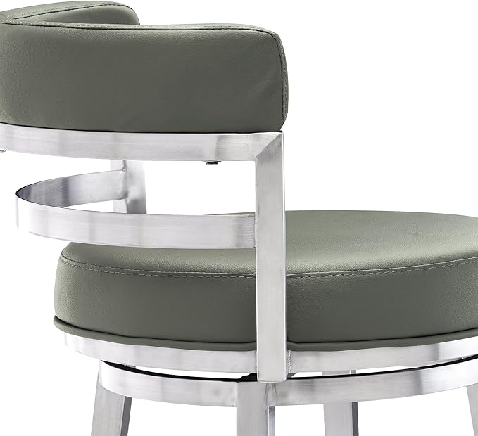 Armen Living Madrid 26" Counter Height Swivel Modern Gray Faux Leather and Brushed Stainless Steel Bar Stool for Kitchen Island Counter