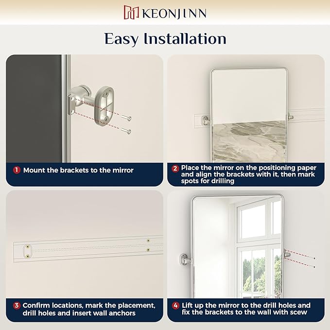 Keonjinn 20 x 30 Inch Tilt Mirror Bathroom, Satin Nickel Metal Pivot Mirror for Bathroom, Silver Beveled Fixed Tilt Mirrors for Over Sink, Modern Tilting Mirrors Wall Mounted (Horizontal/Vertical)