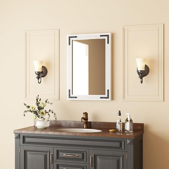 VocalStar White Wood Framed Mirror 18 x 26 Inch, Rustic Natural White Wooden Rectangle Bathroom Vanity Wall Mirror for Farmhouse Boho Decor, 1/4-inch Shatterproof Glass | Waterproof