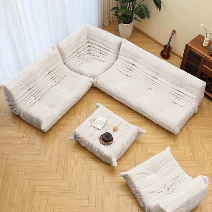 N&V Fireside Chair, Mid Century Armless Floor Sofa, Soft Premium Chenille Floor Lounge Chair, Foam Sofa Accent Chair for Living Room Bedroom and Office (White, Single)