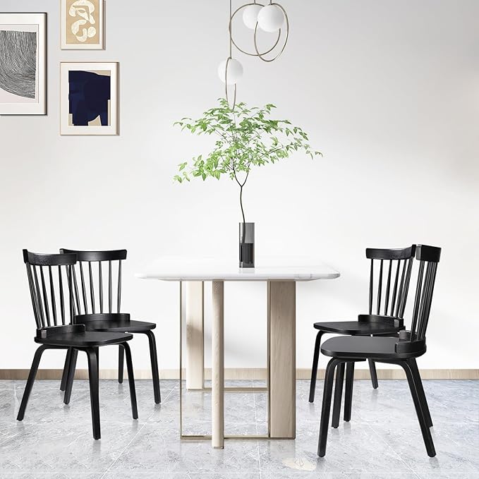 Unovivy Wood Dining Chairs Set of 6, Windsor Farmhouse Spindle Back, Widen Seat, Modern Mid-Century Country Style, for Living Room Restaurant, Black
