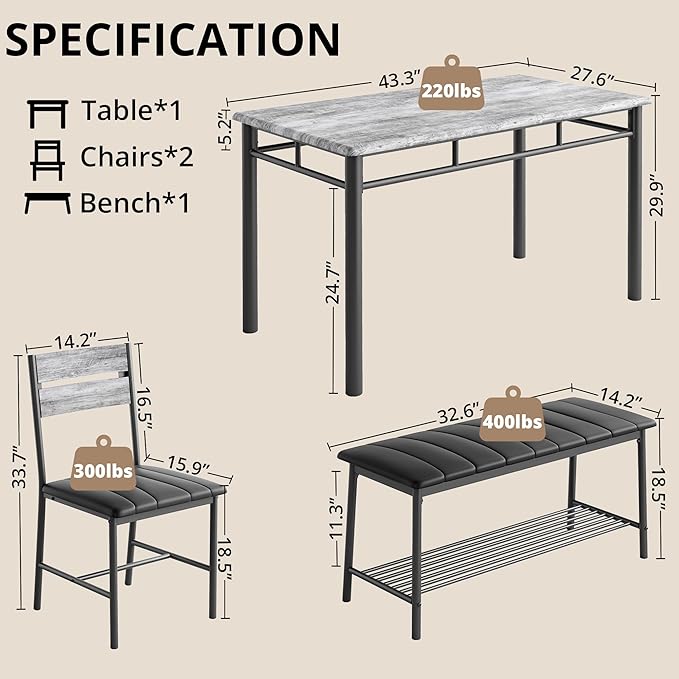 IRONCK Dining Table Set for 4, Kitchen Table with Upholstered Bench and 2 Chairs, Kitchen Table and Chairs Set for Small Space, Apartment, Gray