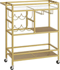 Bar Cart for Home, 3-Tier Serving Cart with Wheels and Handle, Beverage Cart with Wine Rack and Glass Holders, Rolling Wine Cart for Kitchen, Dining Room, Gold RCJ61B01