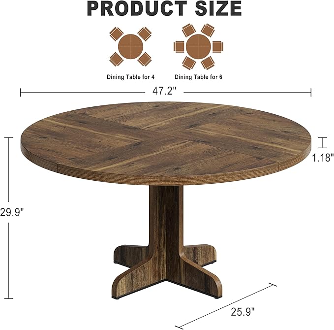 Garvee 47 Inch Round Dining Table for 4, Farmhouse Kitchen Dining Room Circle Dinner Table, Kitchen Dining Room Furniture, Brown (Table Only)