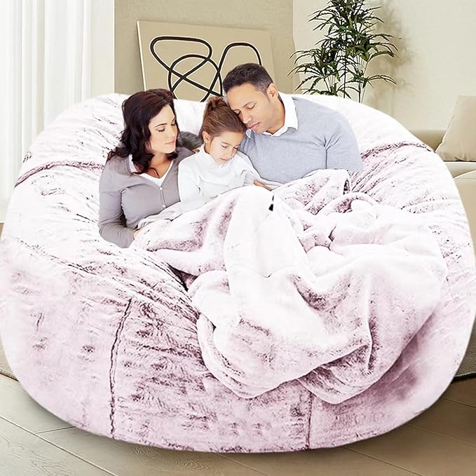 Bean Bag Chair for Adults Kids Without Filler Comfy Giant Round Lazy Sofa Chair Cover Floor Chair Cover for Bedroom Living Room, 7FT, Silver Pink