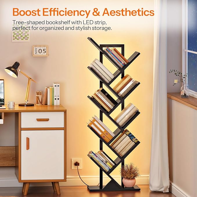 HOOBRO Tree Bookshelf, 9-Tier Tree Bookshelf with Lights, Space-Saving Book Shelf, Holds Books, CDs, Floor Standing Bookcase for Office, Living Room, Bedroom, Black BB08DSJ01