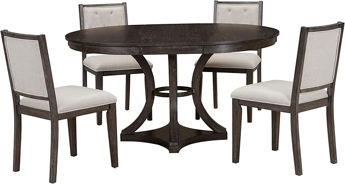 Ball & Cast Retro Dining Table Set for 4 with 4 Upholstered Chairs,5-Piece Wooden Living Room Furniture W/ 42" Round Extendable Kitchen Desk,for Small Space,Apartment,Dining Room,Espresso