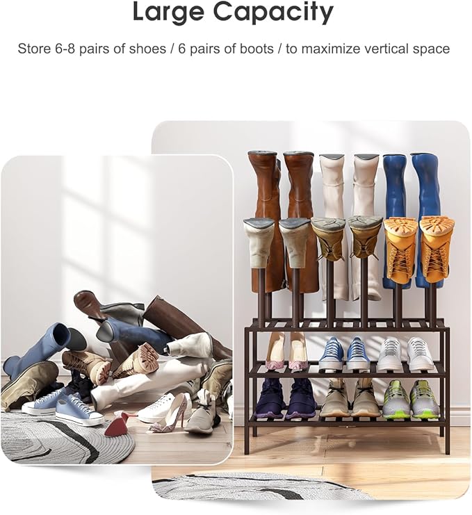 Boot Rack, Brown Boot Rack Organizer Tall Boots with Shoe Rack for Closet, Bamboo Wood Shoe Shelf Storage Organizer for Entryway Space
