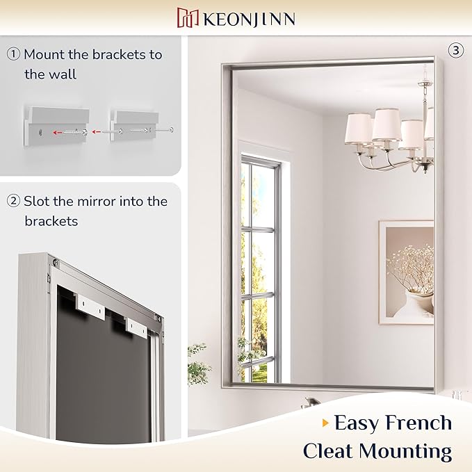 Keonjinn Brushed Nickel Bathroom Mirror for Wall 22 x 30 in, Rectangular Metal Framed Silver Mirror for Vanity Square Corner Aluminum Alloy Rectangle Modern Mirror for Over Sink(Horizontal/Vertical)