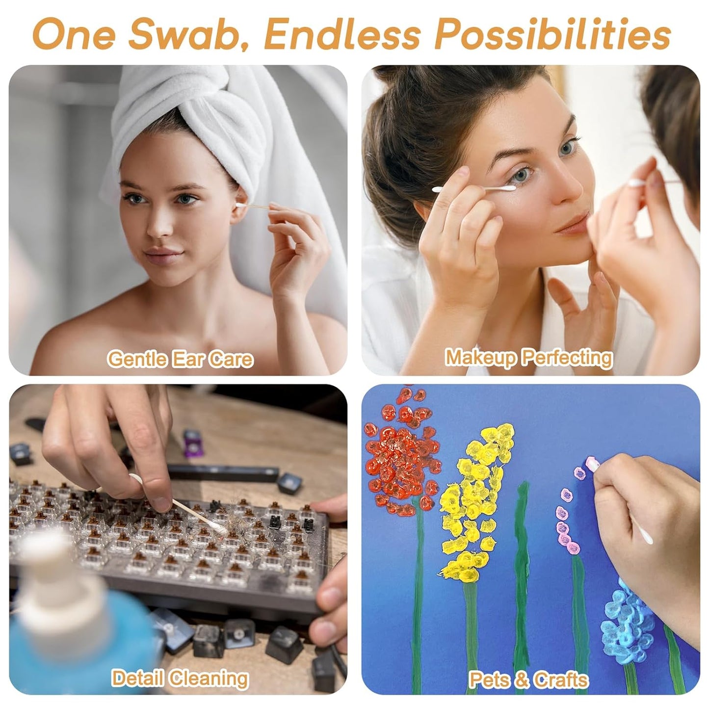 Bamboo Cotton Swabs 1000 Counts in Storage Box, Organic Cotton Buds with Durable Bamboo Sticks, Biodegradable Swabs for Makeup, Ear Care, Cleaning, Pet Grooming, Crafts（Pointed+Round Tips）