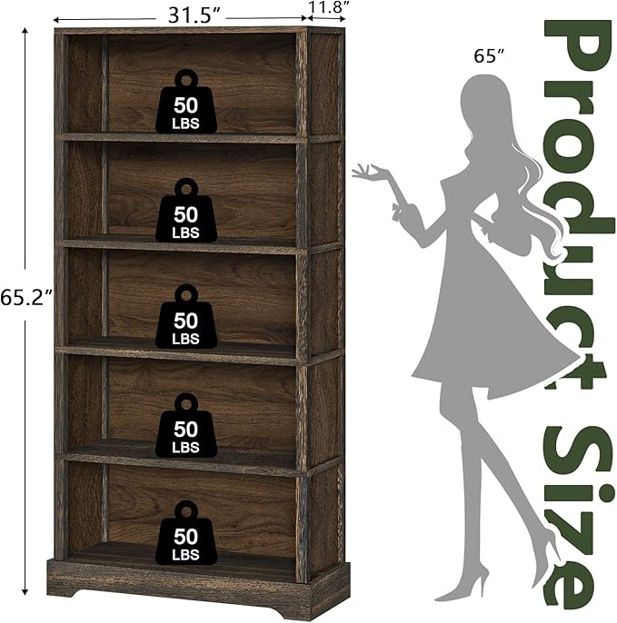 TVU 5-Shelf Wood Bookcase, 65 Inch Tall Bookshelf with Storage, Floor Standing Display Book Shelf, for Living Room Bedroom Study Office, Rustic Brown