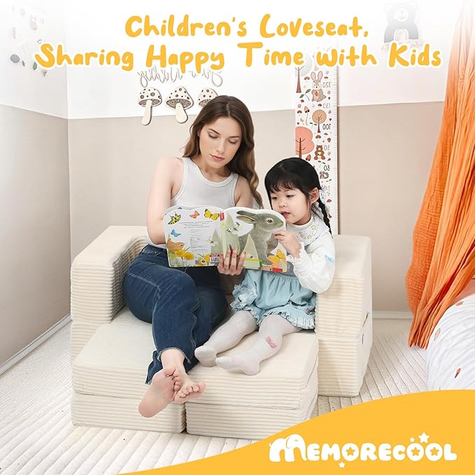 MeMoreCool Modular Kids Couch, Corduroy Play Toddler Couch for Bedroom Playroom Furniture, Convertible Foam Kids Sofa Bed, Fold Out Baby Sofa for Girl Boy, Beige