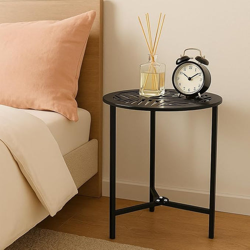 2 Packs 13" Metal Outdoor Side Tables Small Black Outside End Table for Patio Round Accent Corner Stand for Small Spaces Weather-Resistant Coffee Table for Balcony Porch Plant Stand, Pinna Form Leaf