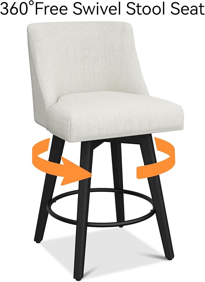 Counter Height Bar Stools Set of 4, Modern Swivel Barstools with Back and Wood Legs, Linen Fabric Upholstered Bar Chairs, 26" H Kitchen Counter Stools, Kitchen Island Home Bar, Ivory