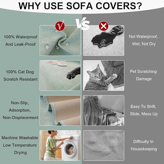 STACYPIK 100% Waterproof Sea Green Sofa Covers, Couch Cover for Sectional, Anti-Cat Scratch Furniture Protector, Washable Jacquard Sofa Cover for Dogs, Kids, Wear Resistant Sofa Slipcover-71X102IN