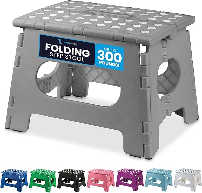 Handy Laundry - Folding Step Stool - Sturdy Enough Collapsible Stool to Support Adults and Safe Enough for Kids - Opens Easy with One Flip - Great for Kitchen, Bathroom or Bedroom (Grey - 9 Inch)