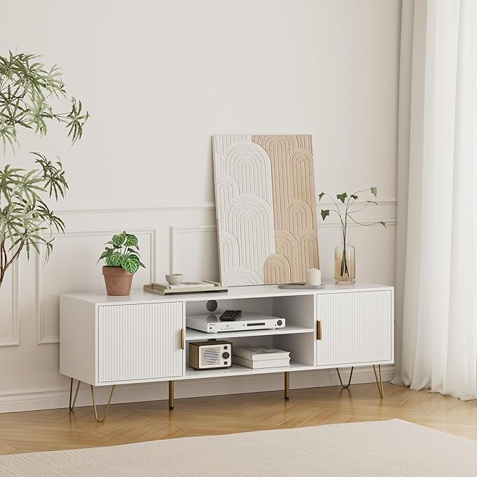 TV Stand for 55 65-inch TV, Entertainment Center with Soft Hinge Door,TV Console Table with 2 Cabinets with Gold Handle and Feet,for Living Room, Bedroom, White