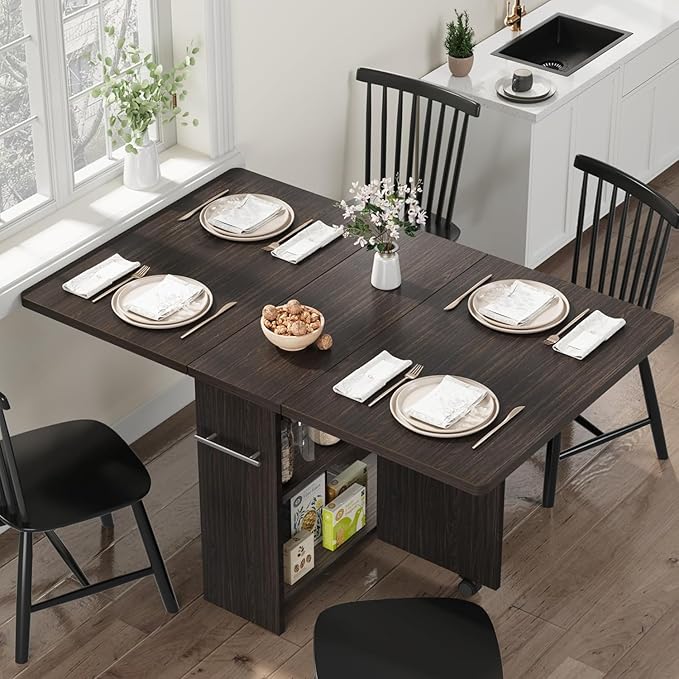 GarveeHome Folding Dining Table, Space Saving Farmhouse Dining Table for 4 Storage Shelf, 6 Wheels Multipose Expandable Kitchen Drop Leaf Table for Small Space (Dark Walnut, 47.2"D x 23.6"W x 29.5"H)