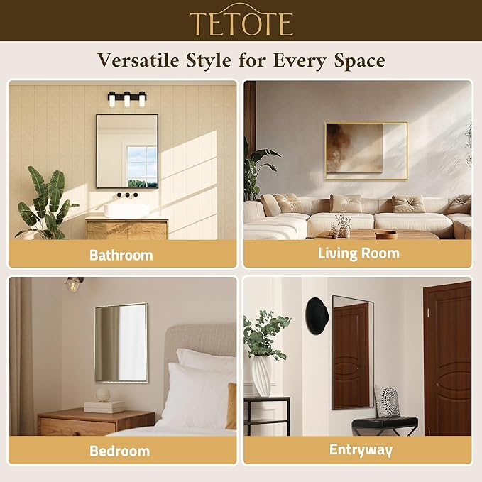 TETOTE Black Mirror for Bathroom Sink 24" x 36" Matte Black Beveled Metal Frame Bathroom Vanity Rectangle Mirror for Wall, Modern Farmhouse, Tempered Glass, Shatterproof, Stronger Frame