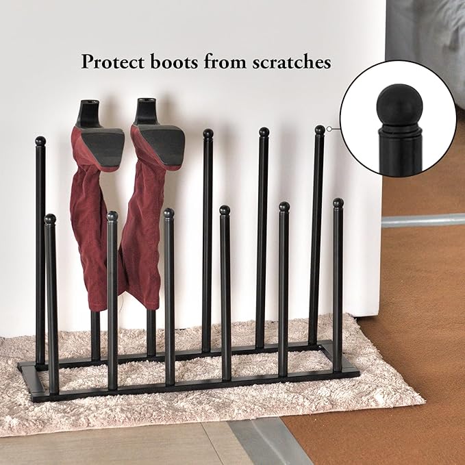 MyGift Modern Black Metal Boot Rack for Tall Boots Storage, Free Standing Entryway Shoe Rack Walk-In-Closet Boot Organizer with 12 Long Posts, Holds 6 Pair
