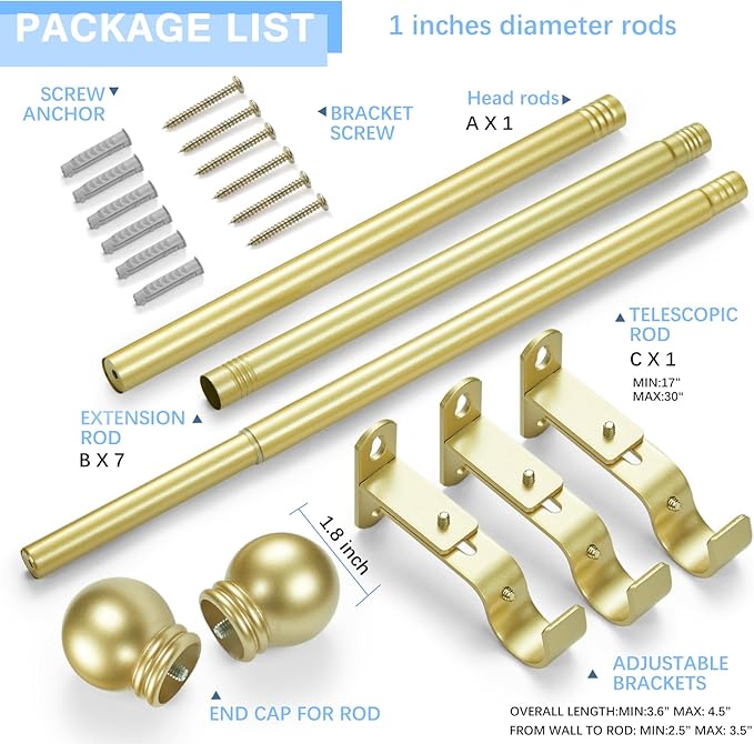 Curtain Rods for Windows 16 to 136 Inches, Curtain Rod Max Adjustable Length of 144 IN, 1" Diameter Drapery Rods Round Finials, Warm Gold, Pack of 1