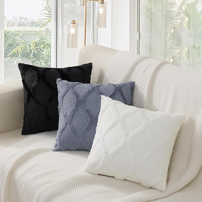 decorUhome Throw Pillow Covers 16x16 Inch Set of 2, Soft Plush Faux Fur Wool Black Couch Pillow Covers, Decorative Neutral Pillow Cases for Bed Sofa Living Room Home Decor