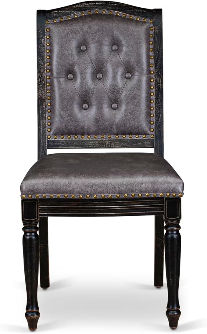 LEMA5-SBB-34-5-Piece Modern Dining Set Consists of a Dining Table and 4 Dark Grey Polyester Fabric Dining Chairs with Button Tufted Back - Sand Blasting Black Finish