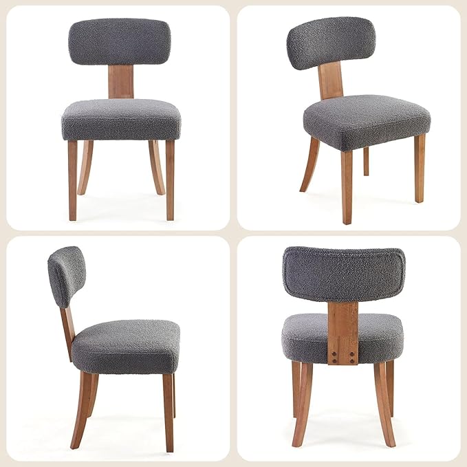 Farmhouse Chair Set of 4, Mid Century Modern Dining Chairs, Sherpa Upholstered Kitchen Chairs with Curved Backrest & Adjustable Legs for Living Room/Bedroom, Easy to Install, Grey Sherpa