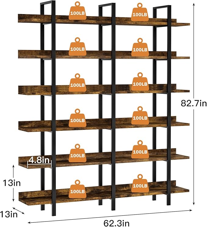 FRAPOW 83Inch Industrial Bookshelf and Bookcase, Double Wide 6 Tier Large Vintage Book Shelf with Metal Frame Open Bookshelves for Living Room Home Office