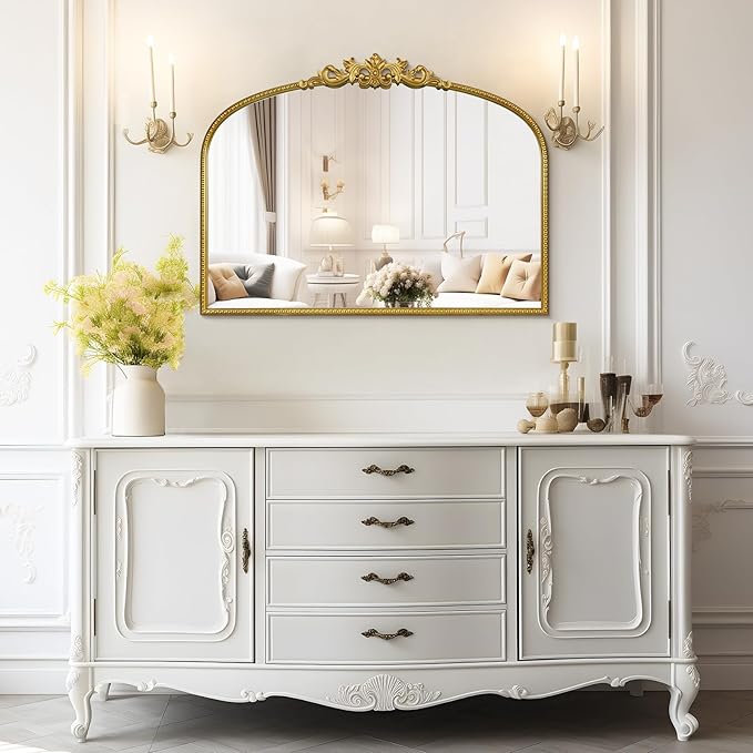 WallBeyond Gold Vintage Mirror - 32x24 Inch, Arched Antique Mirror with Ornate Frame for Bathroom, Living Room, Fireplace, Entryway