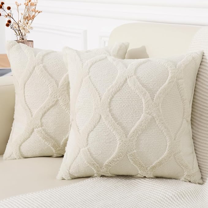 decorUhome Throw Pillow Covers 24x24 Inch Set of 2, Soft Plush Faux Fur Wool Beige Couch Pillow Covers, Decorative Neutral Pillow Cases for Bed Sofa Living Room Home Decor