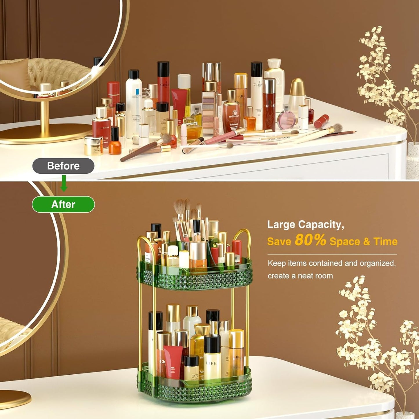 Awenia Rotating Makeup Organizer 360, Stackable Adjustable Large Capacity Cosmetic Storage Unit,Dresser Bathroom Kitchen Countertop Organizer with Metal Handle, Plus Size (Gem Green, 2 Tier)