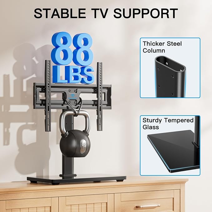 PERLESMITH Universal Swivel TV Stand-Table Top TV Stand for 32-65 inch TV-Height Adjustable TV Base with Heavy-Duty Tempered Glass Base, VESA 400x400mm up to 88lbs, PSTVS17